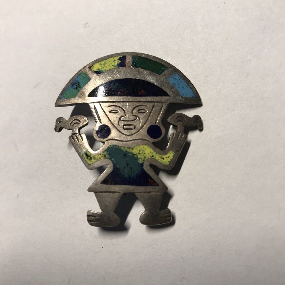 Sterling Silver Peru 925 Signed Brooch Tribal Inca W/  Colorful Enamel Inlays!
